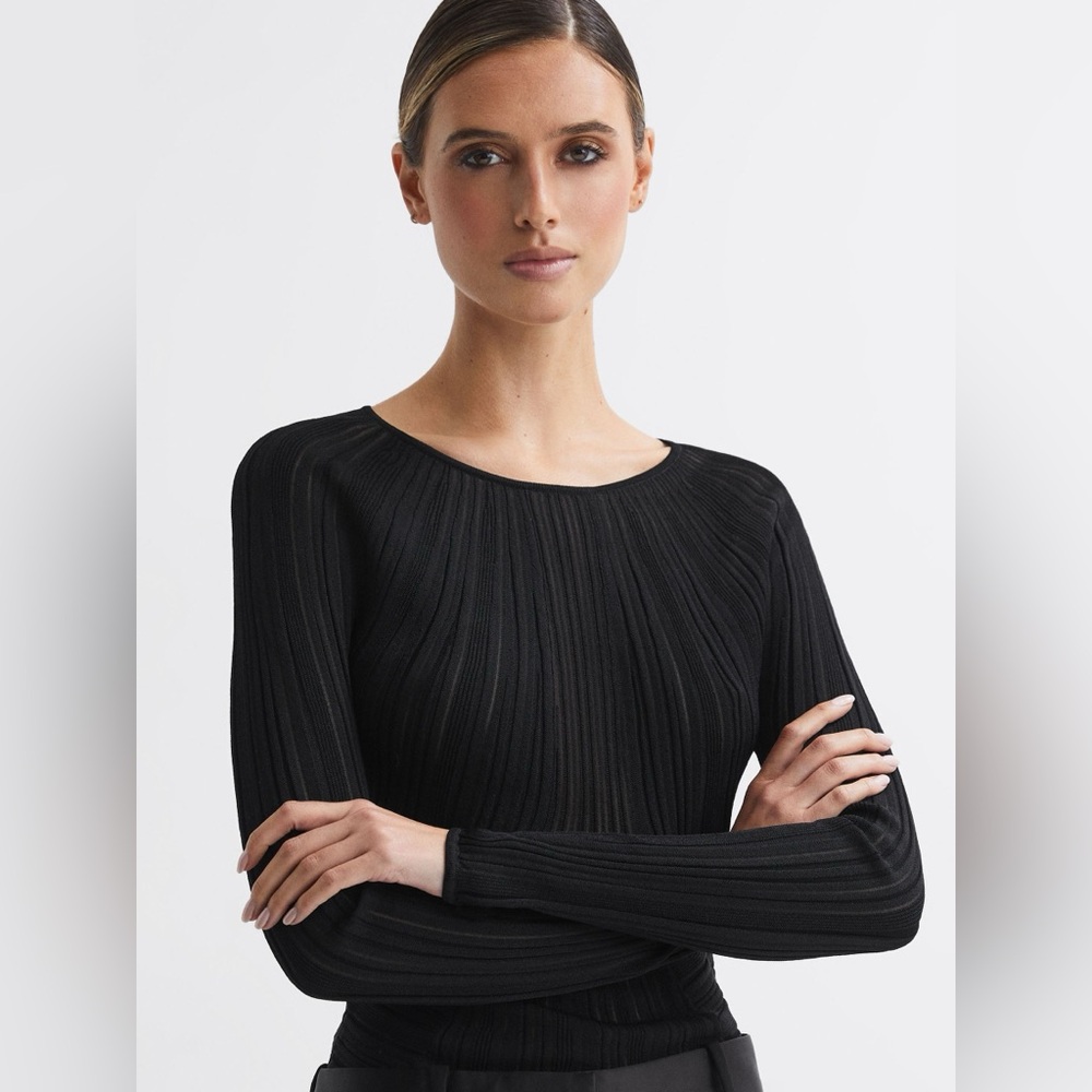 Reiss LENNI SHEER KNITTED LONG SLEEVE TOP IN BLACK $325